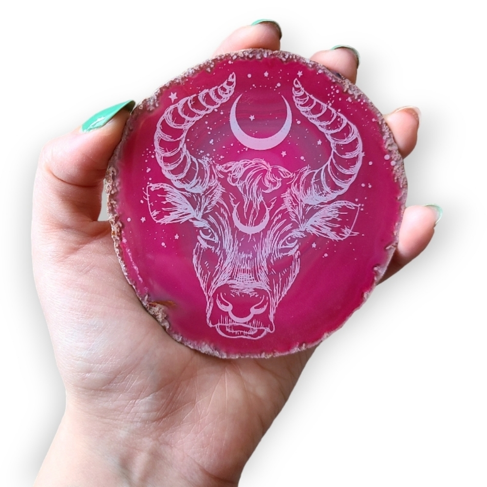 Etched Taurus Bull Agate Crystal Slice